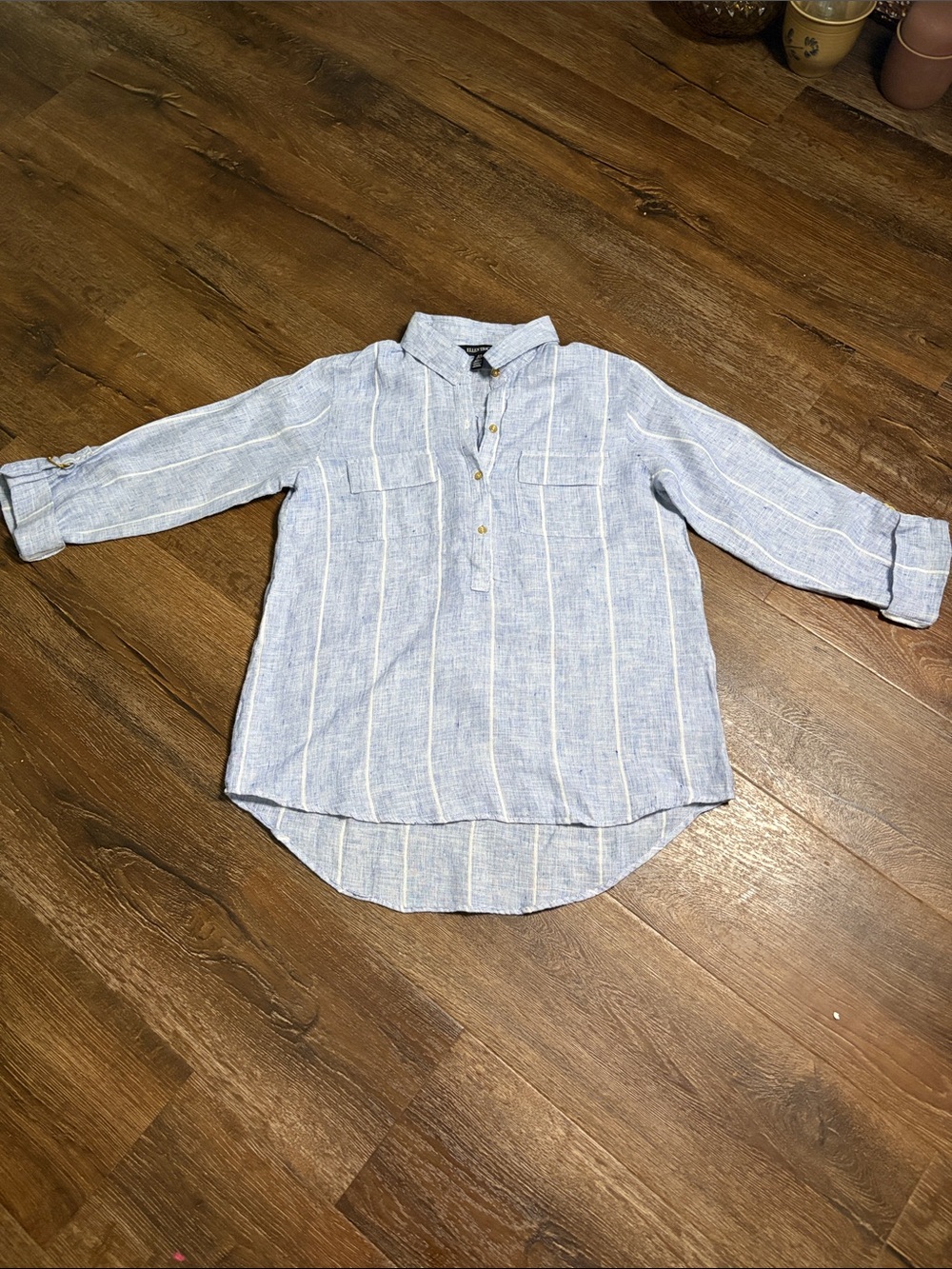Ellen Tracy Blue White Striped 100% Linen Roll Tab Sleeve Shirt Womens Medium